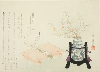 Red and White Plum Blossoms with Poem Slip