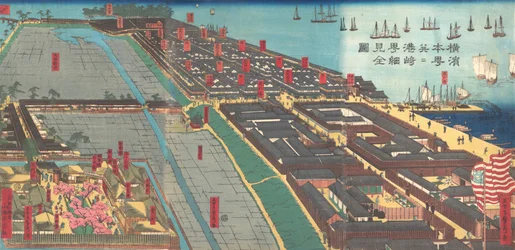 Detailed Print of Yokohama Hon-cho and the Miyozaki Pleasure Quarter, 4th month, 1860