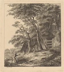 A Fisherman and Two Children in a Landscape with Thatched Cottages
