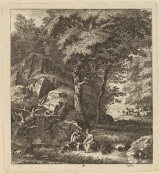 A Shepherd and a Young Woman With Their Feet in a Brook