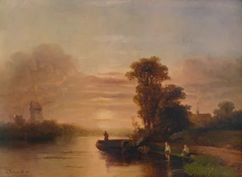 Sunset on a River, with Windmill and Cottage