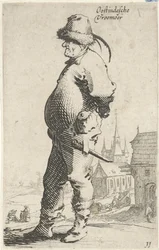 Man in profile, with a church and a building with a gallery in the background
