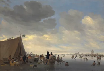 Skaters on the Frozen River Lek, the Town of Vianen Beyond, 1653