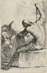 A Warrior, Seated on a Foreground Block, Holds a Shield and Staff and Turns Toward Two Warriors Behind Him, from Figurine Series