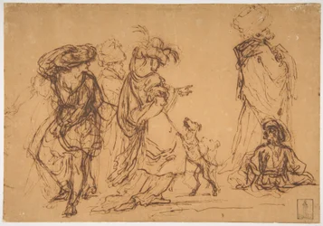 Five Figures in Fantastic Costumes with Two Dogs
