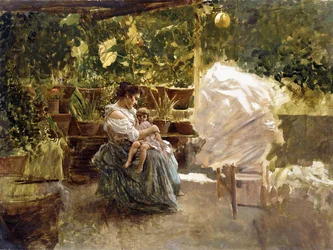 A Mother with Her Child on a Veranda