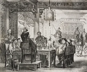 A rich Chinese banquet. Lithograph by Salvatore Puglia from Poliorama Pittoresco