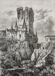 Alcazar of Segovia, Spain (lithograph by Salvatore Puglia from Poliorama Pittoresco, n 36, April 12)