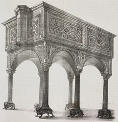 Ancient ambo in Sessa Aurunca cathedral, Campania, Italy, lithograph by Salvatore Puglia after drawing by Pasquale Mattei from Poliorama Pittoresco