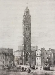 Bell tower of Gaeta cathedral, Lazio, Italia, lithograph by Salvatore Puglia after drawing by Pasquale Mattei, from Poliorama Pittoresco, n 48, July 6