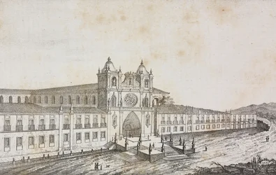 Facade of monastery of Alcobaca, Portugal, lithograph by Salvatore Puglia from Poliorama Pittoresco, n 50, July 19