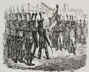 Flag of 84th regiment, lithograph by Salvatore Puglia from History of Napoleon by Cesare Malpica, from Poliorama Pittoresco, n 16, November 25