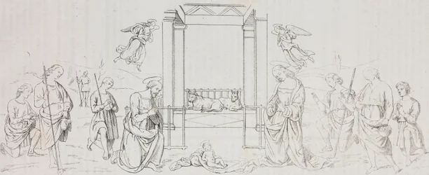 Fontignano Nativity, Adoration of Shepherds (lithograph by Salvatore Puglia after painting by Pietro Perugino from Poliorama Pittoresco, n 42, May 24)