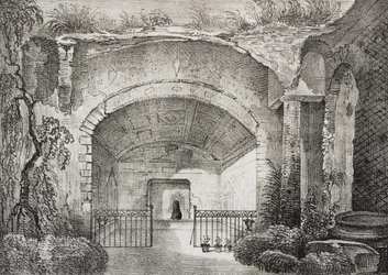 Hall in ancient villa of Prince of Caposele in Formia, Lazio, Italy. Lithograph by Salvatore Puglia from Poliorama Pittoresco