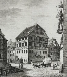 House of Albrecht Durer in Nuremberg, Germany, lithograph by Salvatore Puglia from Poliorama Pittoresco, n 31, March 12