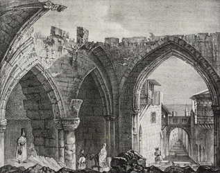 Ruins along Street of Knights, Rhodes Town, Greece, lithograph by Salvatore Puglia from Poliorama Pittoresco, n 3, August 27