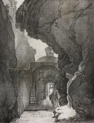 Sanctuary of the Holy Trinity or Sanctuary of the Split Mountain, Gaeta, Lazio, Italy. Lithograph by Salvatore Puglia from Poliorama Pittoresco