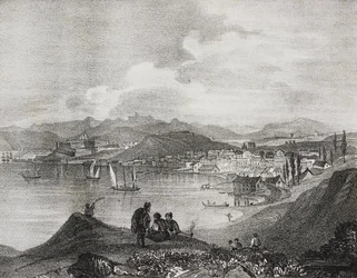 View of Corfu from Mount Oliveto, Ionian Islands, Greece, lithograph by Salvatore Puglia from Poliorama Pittoresco, n 25, January 25