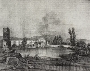 View of Santa Restituta Factory and Church on Banks of Fibreno River in Cornello, Lazio, Italy, from Poliorama Pittoresco, No. 16, November 26