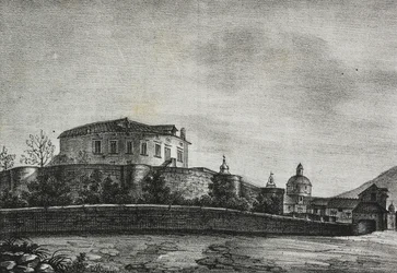 View of castle of Acerra, Campania, Italy, lithograph by Salvatore Puglia from Poliorama Pittoresco