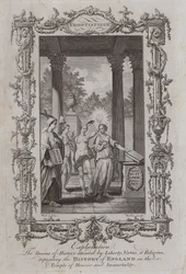 The Genius of History attended by Liberty, Virtue, and Religion, depositing the History of England in the Temple of Honour and Immortality