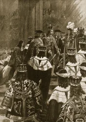 The Enthronement at the Coronation of George I, October 20th, 1714, from ‘The Illustrated London News’, 1902