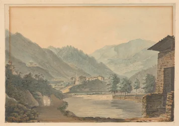Mountainous Scene with Buildings and River