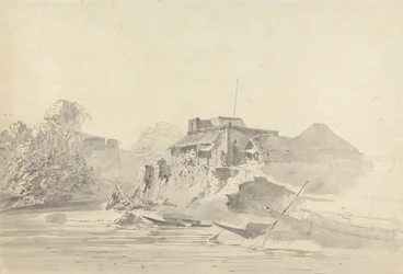 River Scene with Native Buildings