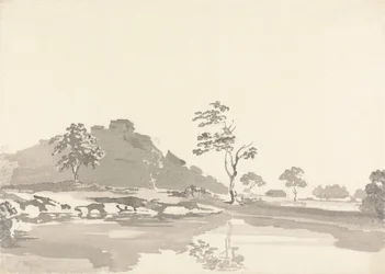 River Scene with a Fort on a hill in the middle distance