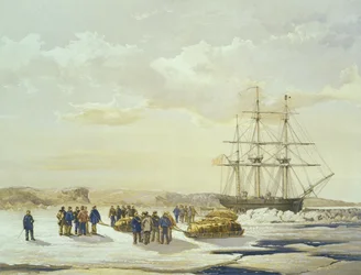 Sledge party leaving H.M.S. Investigator in Mercy Bay, 15th April 1853, engraved by E. Walker, published by Ackermann and Co., 1854