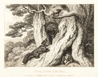 A Cock in a Tree Outwits a Fox, While a Dog Sleeps