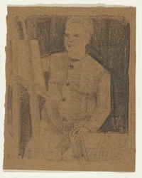 Self-portrait behind easel