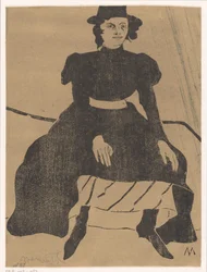 Seated woman with hat and black dress, hands on her knees
