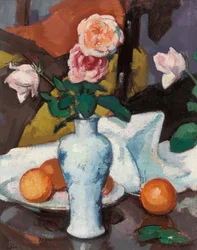 Roses in a Vase with Oranges and a White Tablecloth