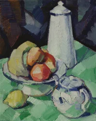 Still Life with Teapot and Fruit on a green Tablecloth