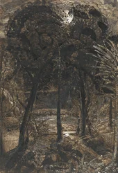 A moonlit scene with a winding river