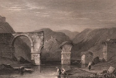 View of Roman ruins of Augustus Bridge over Nera River