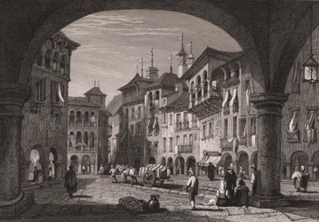 View of market square in Domodossola, Piedmont, Italy (engraving)