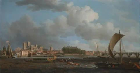 Westminster from Lambeth, with the Ceremonial Barge of the Ironmongers Company