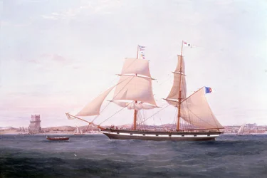 The Maria Helena off Lisbon with the Tower of Belem Beyond Her Bow