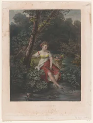 Young Woman with Flower Crown and Feet in the Water