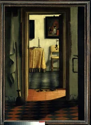 The Slippers. An Interior of a House in Holland - Painting by Samuel Hoogstraten (1626-1678), Flemish school, 17th century, 1.03 x 0.70 m, Paris, Musée du Louvre