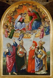 Coronation of the Virgin, with Sixteen Angels and Saints: John Evangelist, Augustine, Jerome and Eligius