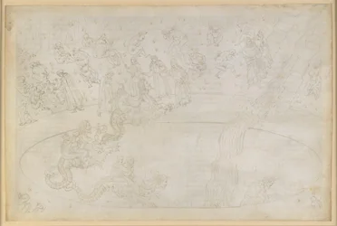 The Divine Comedy, Inferno XVII. Virgil and Dante in the Seventh Circle of Hell, 3rd Strip: Violent Against Divine Order in the Desert of Flames, Punishment of Usurers; Descent into the Depths on the Back of Geryon