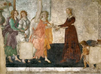 Venus and the Three Graces offering presents to a young girl, 1484-1486