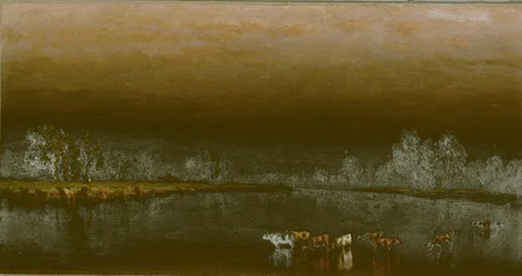 Cows in a Pond at Sunset