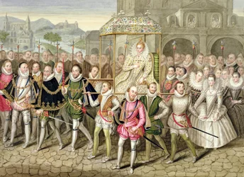 Queen Elizabeth I in procession with her Courtiers