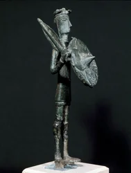 Bronze statue of Teti warrior from the Arcosu Mountains. 8th-7th century BC. Museo Nazionale Archeologico, Cagliari, Sardinia, Italy