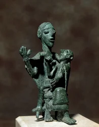 Bronze statuette of Mother Goddess with her son. 8th-7th century BC. Museo Nazionale Archeologico, Cagliari, Sardinia, Italy