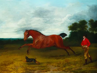 A groom with a terrier bringing in a high spirited stallion